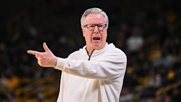 Feb 19, 2025; Iowa City, Iowa, USA; Iowa Hawkeyes head coach Fran McCaffery reacts during the first half against the Oregon Ducks at Carver-Hawkeye Arena.