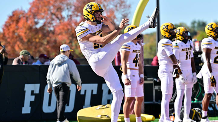 Oct 12, 2024; Amherst, Massachusetts, USA; Missouri Tigers punter Luke Bauer (93) warms up before a game against the Massachusetts Minutemen at Warren McGuirk Alumni Stadium. Mandatory Credit: Eric Canha-Imagn Images