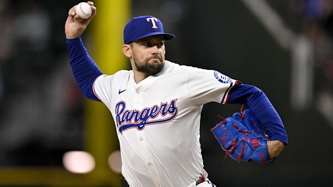 Aug 11, 2025; Arlington, Texas, USA; Texas Rangers starting pitcher Nathan Eovaldi (17) pitches against the Arizona Diamondbacks during the fourth inning at Globe Life Field. 