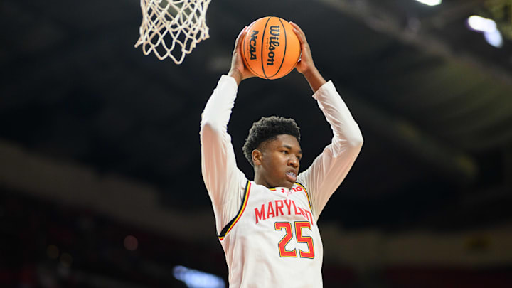 Jan 19, 2025; College Park, Maryland, USA; Maryland Terrapins center Derik Queen (25) rebounds the ball during the first half against the Nebraska Cornhuskers at Xfinity Center. Mandatory Credit: Reggie Hildred-Imagn Images Jan 19, 2025; College Park, Maryland, USA; Maryland Terrapins center Derik Queen (25) rebounds the ball during the first half against the Nebraska Cornhuskers at Xfinity Center. Mandatory Credit: Reggie Hildred-Imagn Images