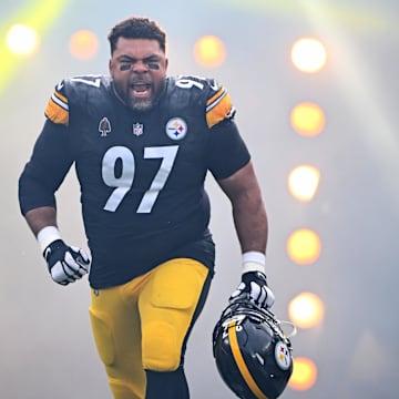 Nov 2, 2025; Pittsburgh, Pennsylvania, USA; Pittsburgh Steelers defensive tackle Cameron Heyward (97) enters the field before the game against the Indianapolis Colts at Acrisure Stadium. Mandatory Credit: Barry Reeger-Imagn Images