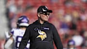 November 28, 2021; Santa Clara, California, USA; Minnesota Vikings head coach Mike Zimmer watches warm ups before the game against the San Francisco 49ers at Levi's Stadium. Mandatory Credit: Kyle Terada-Imagn Images