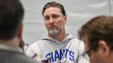 Jun 17, 2025; East Rutherford, NJ, USA; New York Giants wide receivers coach Mike Groh speaks at a press conference during minicamp at Quest Diagnostics Training Center. Mandatory Credit: John Jones-Imagn Images