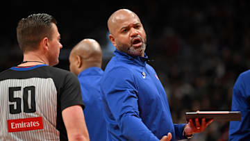 Apr 4, 2025; Toronto, Ontario, CAN;  Detroit Pistons head coach J.B. Bickerstaff speaks to game official Gediminas Petraitis (50) during a time out against the Toronto Raptors in the second half at Scotiabank Arena. Mandatory Credit: Dan Hamilton-Imagn Images