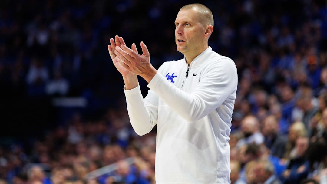 Oct 24, 2025; Lexington, KY, USA; Kentucky Wildcats head coach Mark Pope claps from the sideline during the second half against the Purdue Boilermakers at Rupp Arena at Central Bank Center. Mandatory Credit: Jordan Prather-Imagn Images