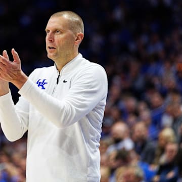 Oct 24, 2025; Lexington, KY, USA; Kentucky Wildcats head coach Mark Pope claps from the sideline during the second half against the Purdue Boilermakers at Rupp Arena at Central Bank Center. Mandatory Credit: Jordan Prather-Imagn Images
