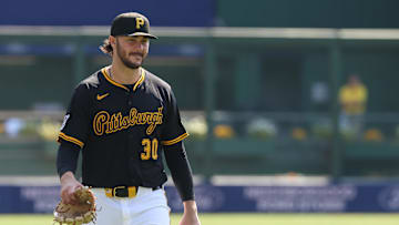 Sep 21, 2025; Pittsburgh, Pennsylvania, USA;  Pittsburgh Pirates pitcher Paul Skenes (30) walks in from the bullpen before the game against the Athletics at PNC Park. Mandatory Credit: Charles LeClaire-Imagn Images