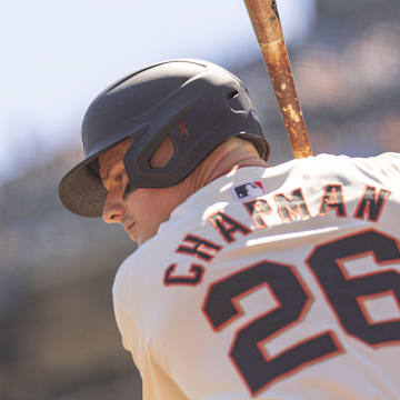 Sep 5, 2024; San Francisco, California, USA;  San Francisco Giants third base Matt Chapman (26) warms up at the on-deck circle during the first inning against the Arizona Diamondbacks at Oracle Park. 