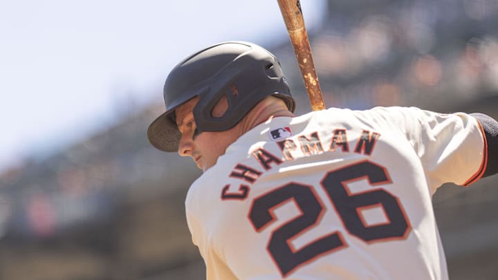 Sep 5, 2024; San Francisco, California, USA;  San Francisco Giants third base Matt Chapman (26) warms up at the on-deck circle during the first inning against the Arizona Diamondbacks at Oracle Park. 