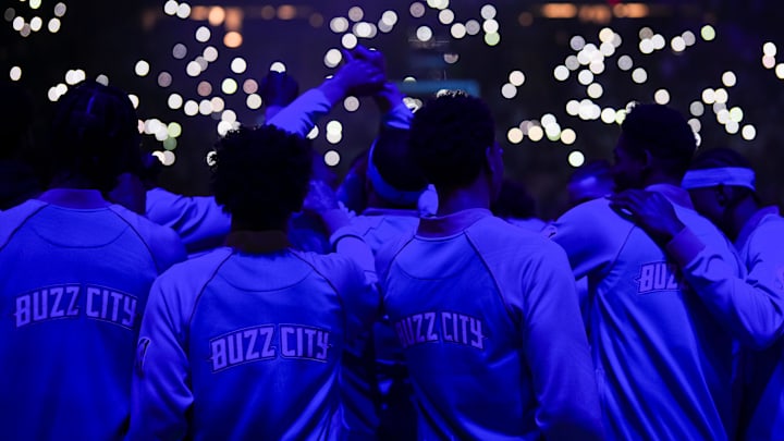 Jan 22, 2024; Minneapolis, Minnesota, USA; Charlotte Hornets players huddle before the game against the Minnesota Timberwolves at Target Center. Mandatory Credit: Brad Rempel-USA TODAY Sports