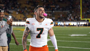 Oct 5, 2024; Berkeley, California, USA; Miami Hurricanes wide receiver Xavier Restrepo (7) celebrates after defeating the California Golden Bears at California Memorial Stadium. Mandatory Credit: Darren Yamashita-Imagn Images