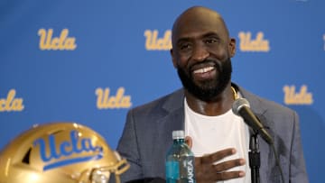 Feb 13, 2024; Los Angeles, CA, USA;  DeShaun Foster answers questions from media after he was introduced as the new head football coach of UCLA Bruins during a press conference at Pauley Pavilion.  Mandatory Credit: Jayne Kamin-Oncea-USA TODAY Sports