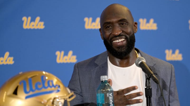 Feb 13, 2024; Los Angeles, CA, USA;  DeShaun Foster answers questions from media after he was introduced as the new head football coach of UCLA Bruins during a press conference at Pauley Pavilion.  Mandatory Credit: Jayne Kamin-Oncea-USA TODAY Sports