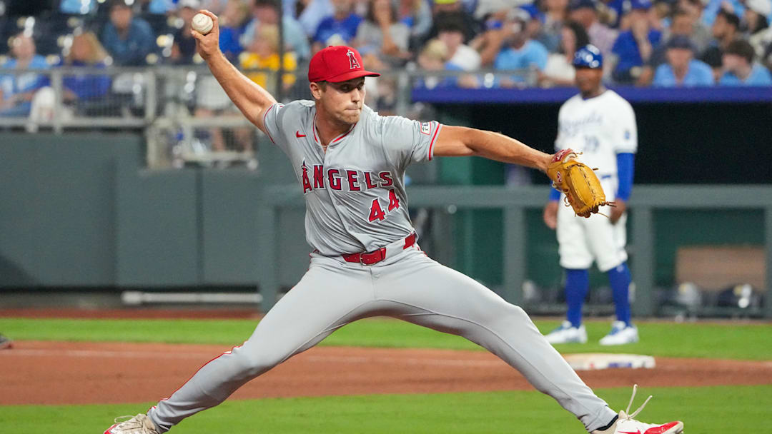 Aug 20, 2024; Kansas City, Missouri, USA; Los Angeles Angels pitcher Ben Joyce (44) delivers a pitch against the Kansas City Royals in the ninth inning at Kauffman Stadium. Mandatory Credit: Denny Medley-Imagn Images