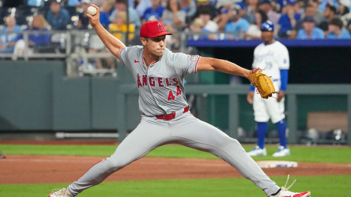 Aug 20, 2024; Kansas City, Missouri, USA; Los Angeles Angels pitcher Ben Joyce (44) delivers a pitch against the Kansas City Royals in the ninth inning at Kauffman Stadium.