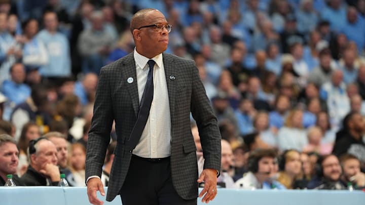 Jan 21, 2026; Chapel Hill, North Carolina, USA; North Carolina Tar Heels head coach Hubert Davis reacts in the second half at Dean E. Smith Center. Mandatory Credit: Bob Donnan-Imagn Images