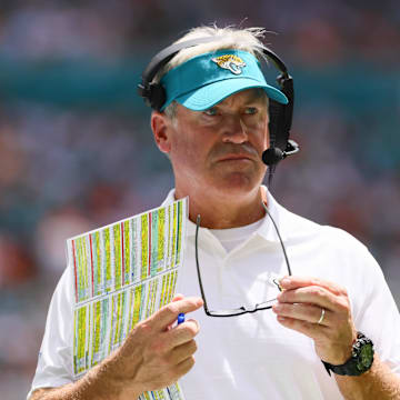 Sep 8, 2024; Miami Gardens, Florida, USA; Jacksonville Jaguars head coach Doug Pederson looks on from the sideline against the Miami Dolphins during the first quarter at Hard Rock Stadium. Mandatory Credit: Sam Navarro-Imagn Images