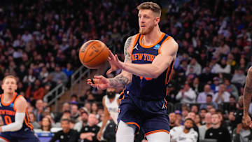 Nov 6, 2023; New York, New York, USA; New York Knicks center Isaiah Hartenstein (55) passes the ball against the Los Angeles Clippers during the fourth quarter at Madison Square Garden. Mandatory Credit: Gregory Fisher-Imagn Images