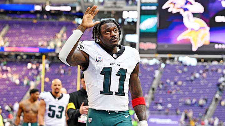 Oct 19, 2025; Minneapolis, Minnesota, USA; Philadelphia Eagles wide receiver A.J. Brown (11) celebrates after the win against the Minnesota Vikings at U.S. Bank Stadium. Mandatory Credit: Jeffrey Becker-Imagn Images