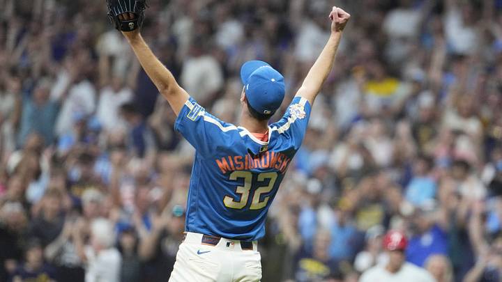 Jun 12, 2026; Milwaukee, Wisconsin, USA; Milwaukee Brewers pitcher Jacob Misiorowski (32) after a nine inning 6-0 win over the Philadelphia Phillies at American Family Field. Misiorowski (32) pitched all nine innings of the game. Mandatory Credit: Michael McLoone-Imagn Images