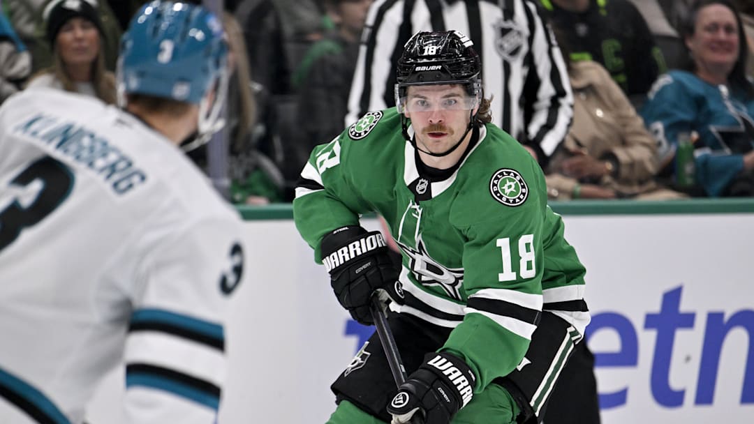 Dec 5, 2025; Dallas, Texas, USA; Dallas Stars center Sam Steel (18) skates against the San Jose Sharks during the second period at the American Airlines Center. Mandatory Credit: Jerome Miron-Imagn Images