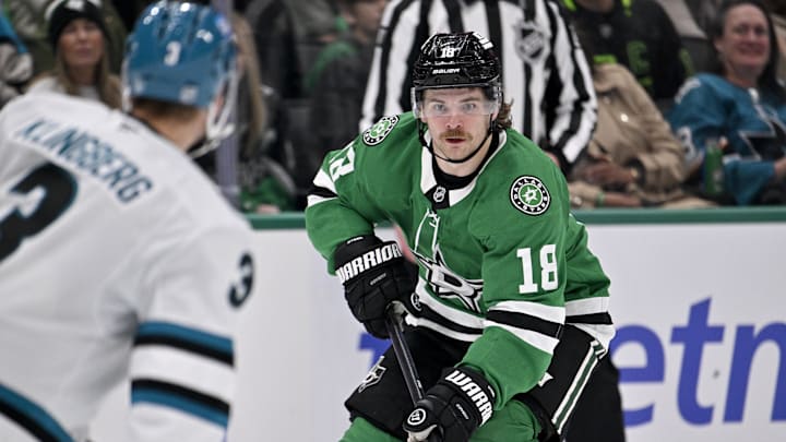 Dec 5, 2025; Dallas, Texas, USA; Dallas Stars center Sam Steel (18) skates against the San Jose Sharks during the second period at the American Airlines Center. Mandatory Credit: Jerome Miron-Imagn Images