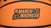 Mar 20, 2025; Seattle, WA, USA; The March Madness logo on a ball during the Memphis Tigers practice at Climate Pledge Arena. Mandatory Credit: Steven Bisig-Imagn Images