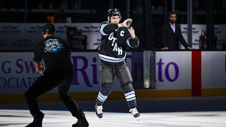 Jan 18, 2025; Salt Lake City, Utah, USA; Utah Hockey Club center Clayton Keller (9) thanks fans after the game against the St. Louis Blues at the Delta Center. Mandatory Credit: Christopher Creveling-Imagn Images
