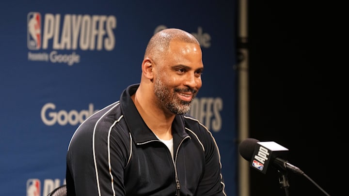 Apr 26, 2025; San Francisco, California, USA; Houston Rockets head coach Ime Udoka talks with media members before game three of first round for the 2024 NBA Playoffs against the Golden State Warriors at Chase Center. Mandatory Credit: Darren Yamashita-Imagn Images