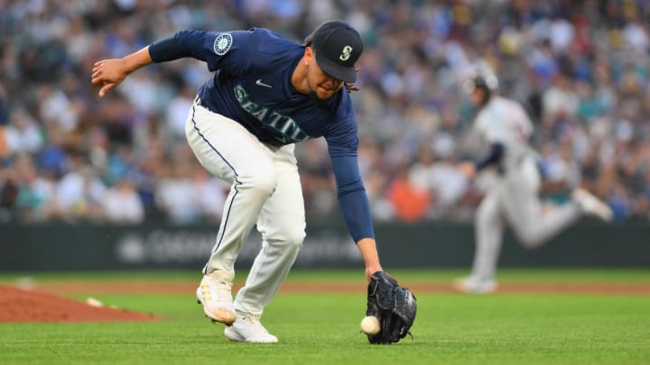 Seattle Mariners starting pitcher Luis Castillo fields a ground ball against the Detroit Tigers on Tuesday at T-Mobile Park.