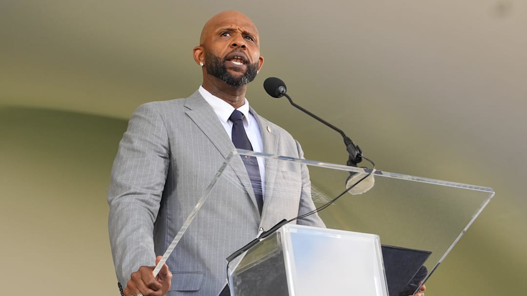 Jul 27, 2025; Cooperstown, NY, USA; Hall of Fame inductee CC Sabathia makes his acceptance speech during the Baseball Hall of Fame Induction Ceremony at the Clark Sports Center. Mandatory Credit: Gregory Fisher-Imagn Images