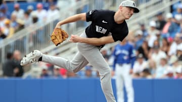 Feb 22, 2025; Dunedin, Florida, USA;  New York Yankees pitcher Brandon Leibrandt (89) throws a pitch against the Toronto Blue Jays during the fourth inning at TD Ballpark. Mandatory Credit: Kim Klement Neitzel-Imagn Images