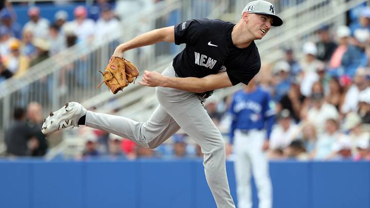 Feb 22, 2025; Dunedin, Florida, USA;  New York Yankees pitcher Brandon Leibrandt (89) throws a pitch against the Toronto Blue Jays during the fourth inning at TD Ballpark. Mandatory Credit: Kim Klement Neitzel-Imagn Images