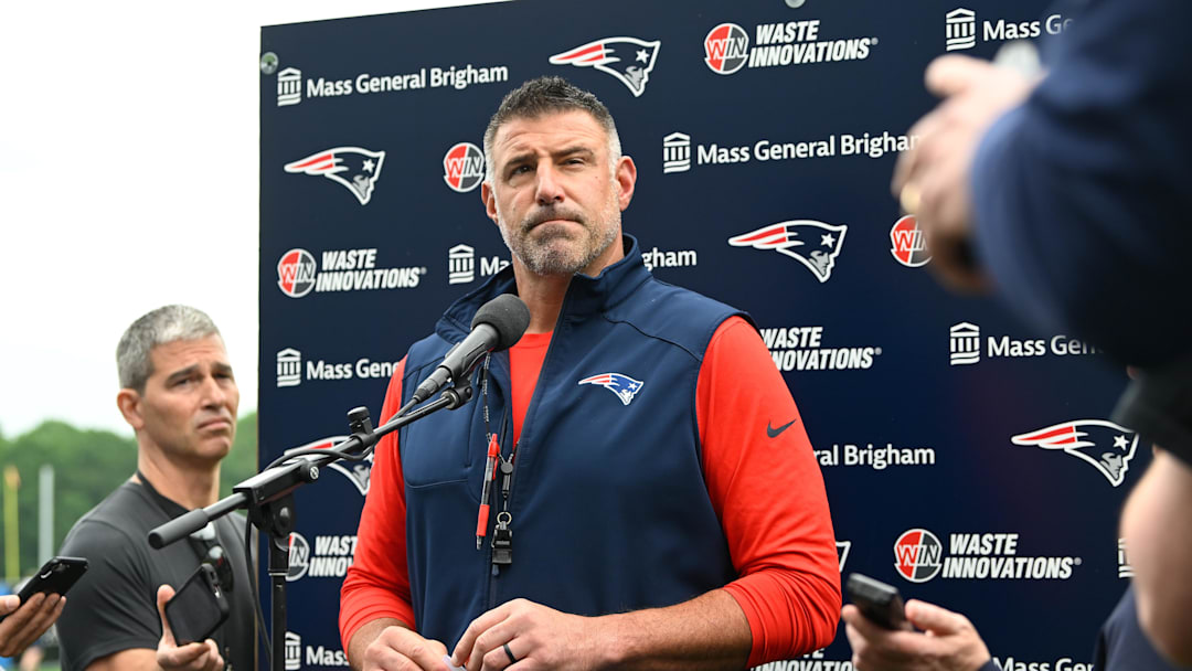 Jun 9, 2025; Foxborough, MA, USA; New England Patriots head coach Mike Vrabel holds a press conference before minicamp at Gillette Stadium. Mandatory Credit: Eric Canha-Imagn Images