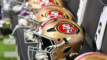 Sep 15, 2024; Minneapolis, Minnesota, USA; San Francisco 49ers helmets sits idle during the game against the Minnesota Vikings at U.S. Bank Stadium.