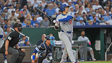 Jun 27, 2025; Kansas City, Missouri, USA; Los Angeles Dodgers designated hitter Shohei Ohtani (17) hits an RBI triple in the fifth inning against the Kansas City Royals at Kauffman Stadium. Mandatory Credit: Peter Aiken-Imagn Images