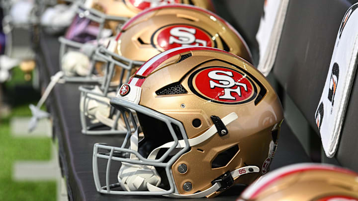 Sep 15, 2024; Minneapolis, Minnesota, USA; San Francisco 49ers helmets sits idle during the game against the Minnesota Vikings at U.S. Bank Stadium. Mandatory Credit: Jeffrey Becker-Imagn Images Sep 15, 2024; Minneapolis, Minnesota, USA; San Francisco 49ers helmets sits idle during the game against the Minnesota Vikings at U.S. Bank Stadium. Mandatory Credit: Jeffrey Becker-Imagn Images