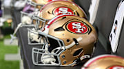 Sep 15, 2024; Minneapolis, Minnesota, USA; San Francisco 49ers helmets sits idle during the game against the Minnesota Vikings at U.S. Bank Stadium. Mandatory Credit: Jeffrey Becker-Imagn Images