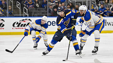 Nov 30, 2023; St. Louis, Missouri, USA;  St. Louis Blues center Jordan Kyrou (25) controls the puck against Buffalo Sabres left wing Jordan Greenway (12) and left wing Jeff Skinner (53) during the second period at Enterprise Center. Mandatory Credit: Jeff Curry-Imagn Images