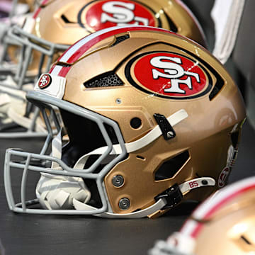 Sep 15, 2024; Minneapolis, Minnesota, USA; San Francisco 49ers helmets sits idle during the game against the Minnesota Vikings at U.S. Bank Stadium. Mandatory Credit: Jeffrey Becker-Imagn Images