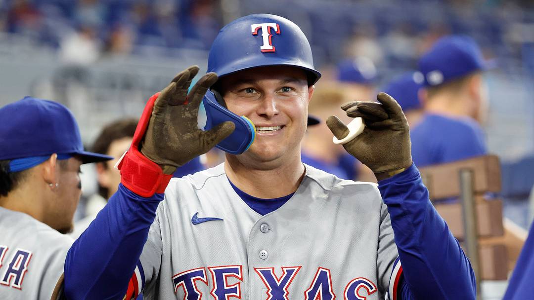 Jun 24, 2026; Miami, Florida, USA;  Texas Rangers designated hitter Joc Pederson (3) celebrates his home run against the Miami Marlins during the ninth inning at loanDepot Park. Mandatory Credit: Rhona Wise-Imagn Images