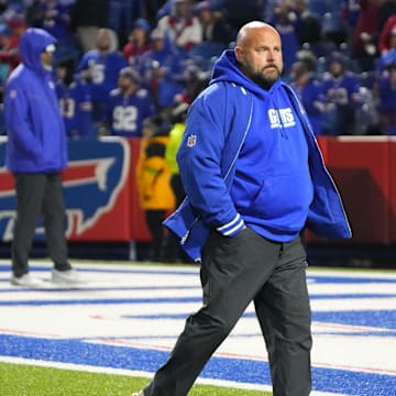 Oct 15, 2023; Orchard Park, New York, USA; New York Giants head coach Brian Daboll on the field prior to the game against the Buffalo Bills at Highmark Stadium.