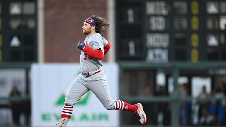 Sep 23, 2025; San Francisco, California, USA; St. Louis Cardinals second baseman Brendan Donovan (33) runs to second against the San Francisco Giants during the first inning at Oracle Park. Mandatory Credit: Eakin Howard-Imagn Images