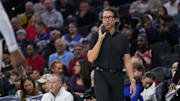 Nov 30, 2025; Philadelphia, Pennsylvania, USA; Atlanta Hawks head coach Quin Snyder reacts against the Philadelphia 76ers in the third quarter at Xfinity Mobile Arena. Mandatory Credit: Kyle Ross-Imagn Images