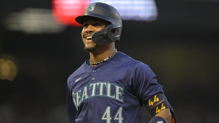 Seattle Mariners outfielder Julio Rodriguez smiles after a single against the Los Angeles Angels on July 13 at Angel Stadium.