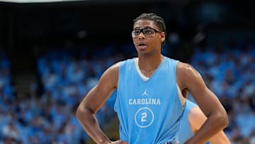 Oct 12, 2024; Chapel Hill, NC, USA;  North Carolina Tar Heels forward James Brown (2) on the free throw line in the first half at the Dean E. Smith Center. Mandatory Credit: Bob Donnan-Imagn Images