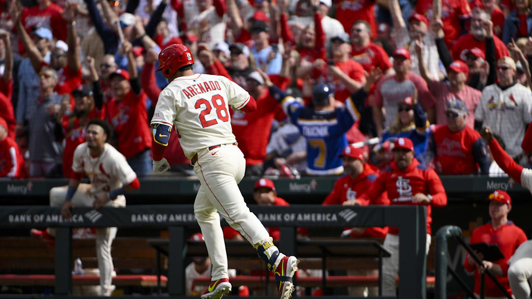Apr 26, 2025; St. Louis, Missouri, USA;  St. Louis Cardinals third baseman Nolan Arenado (28) runs the bases after hitting a solo walk-off home run against the Milwaukee Brewers during the ninth inning at Busch Stadium. Mandatory Credit: Jeff Curry-Imagn Images