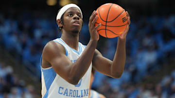 Dec 7, 2025; Chapel Hill, North Carolina, USA;North Carolina Tar Heels forward Caleb Wilson (8) at the free throw line in the second half at Dean E. Smith Center. Mandatory Credit: Bob Donnan-Imagn Images