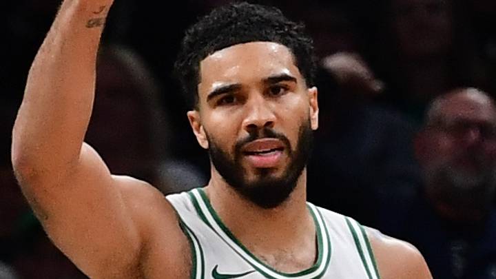 Oct 14, 2026; Boston, Massachusetts, USA;  Boston Celtics forward Jayson Tatum (0) reacts after making a basket during the second half against the Charlotte Hornets at TD Garden. Mandatory Credit: Bob DeChiara-Imagn Images