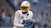 Nov 2, 2025; Nashville, Tennessee, USA;   Los Angeles Chargers wide receiver Keenan Allen (13) makes a catch against the Tennessee Titans during pre-game warmups at Nissan Stadium. 
